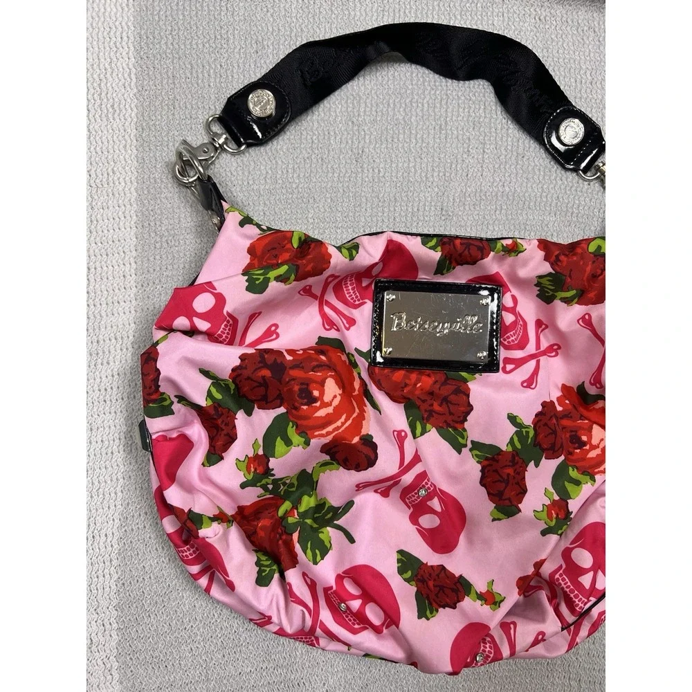 Betseyville Pink Skull Rose Print Hobo Shoulder Bag Studded Accents Y2K Emo Goth